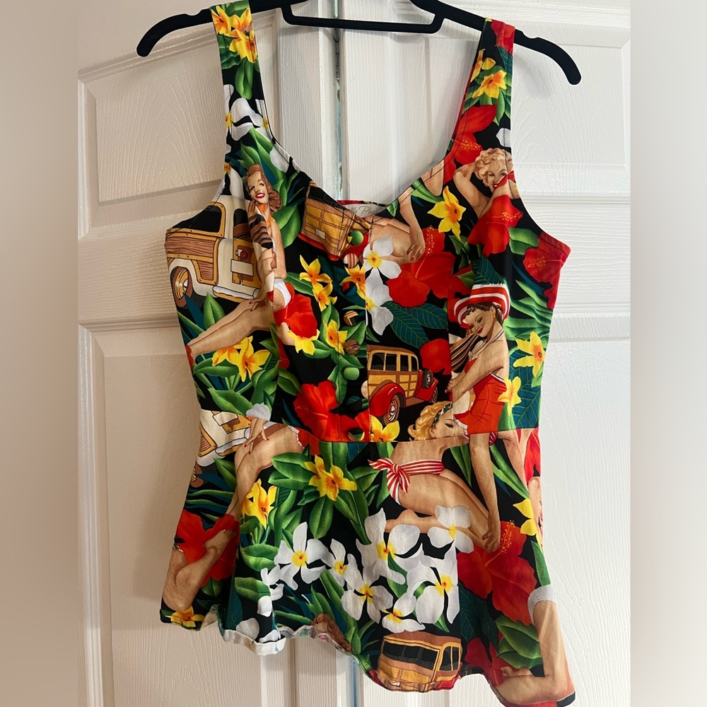 Retro peplum tank Hawaiian pinup girl woody car top